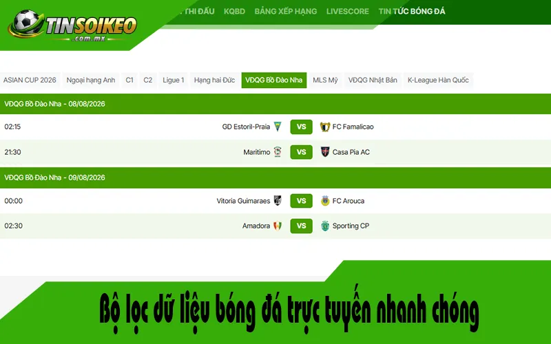 Bộ lọc dữ liệu bóng đá trực tuyến nhanh chóng