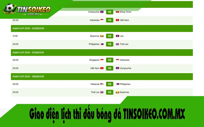 Giao diện lịch thi đấu bóng đá TINSOIKEO.COM.MX